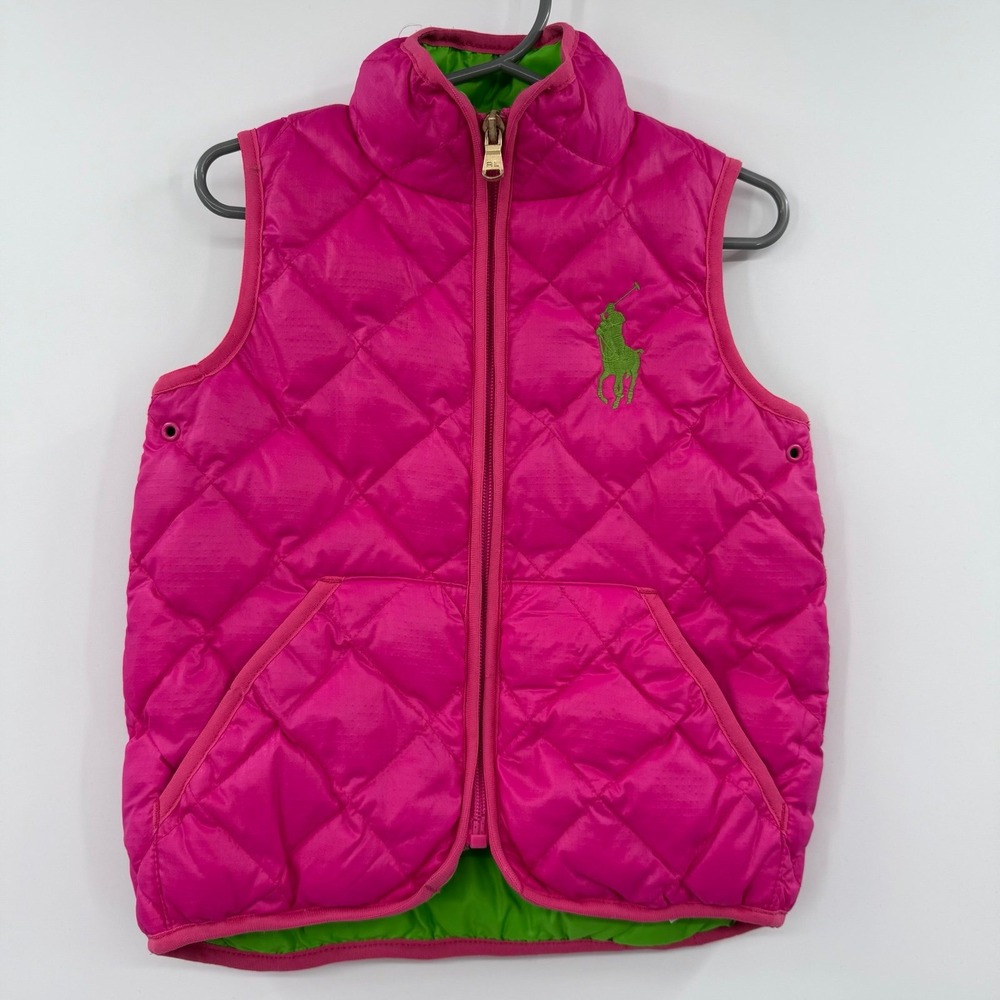 Ralph Lauren Girls Hot Pink Quilted Puffer Vest with Green Logo